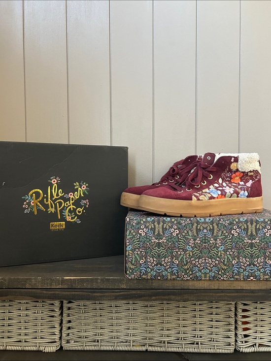 Keds Shoes - Keds Burgundy Floral High-Top Sneakers with Sherpa Collar